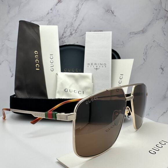 Gucci Other - New GUCCI Sunglasses Gold Metal Square Aviator Pilot Red Green Web Logo Mens